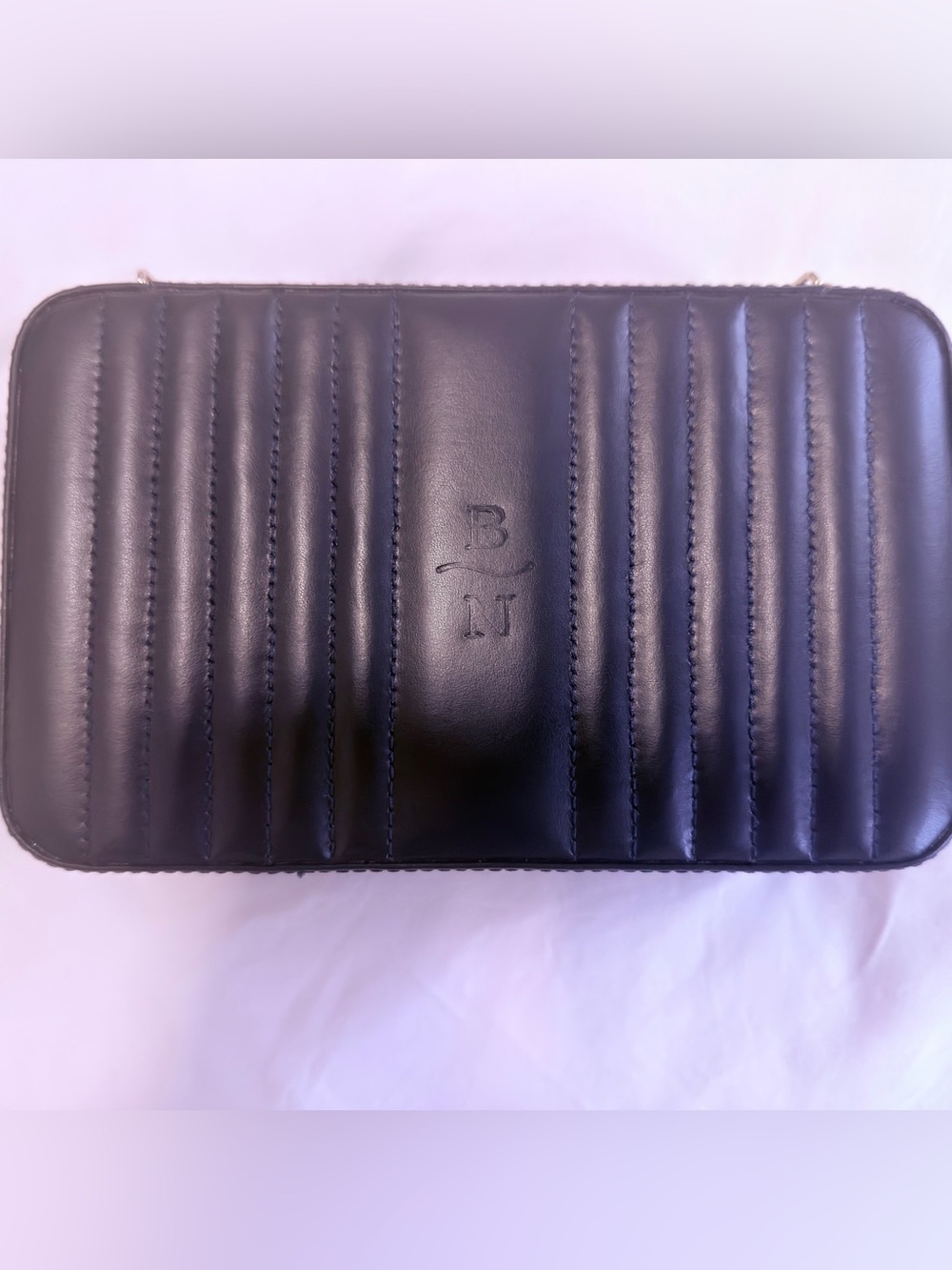 Wolf Navy Leather jewelry box with Embossed 'B/N' Logo with double zip pouch